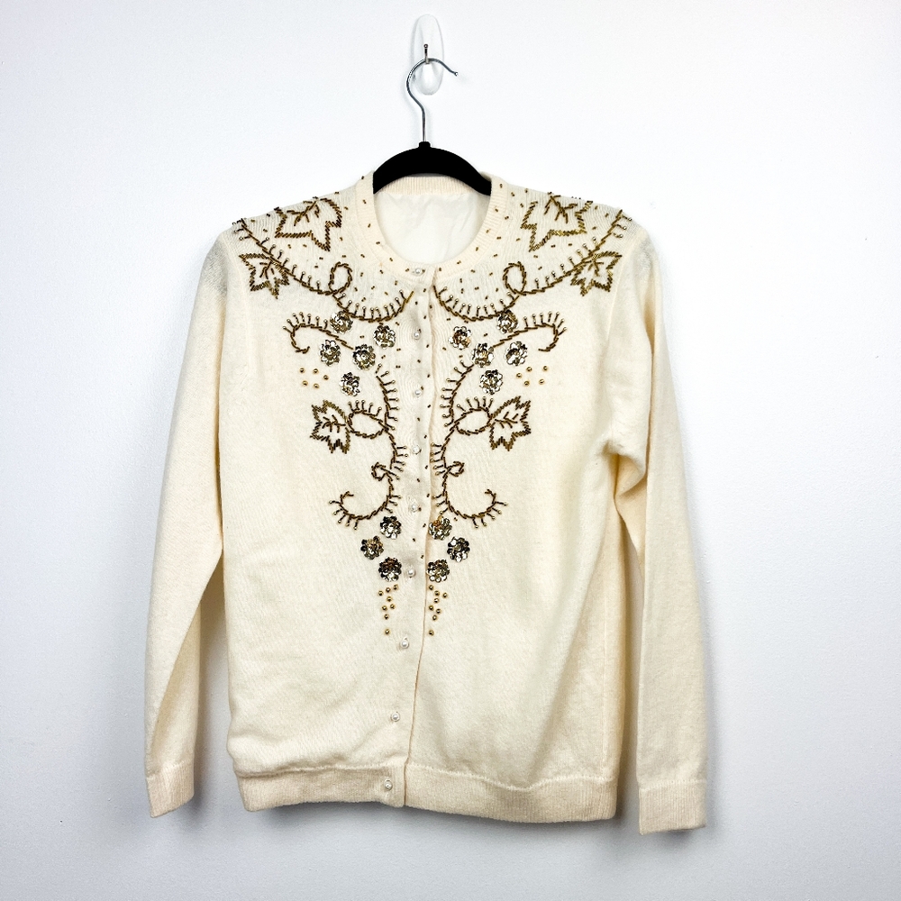 Vintage Lambswool Angora Blend Beaded Fall Leaf Cardigan in Off White